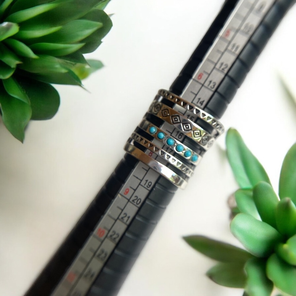 Vintage Wide Ring 925 Silver Plated Inlaid Turquoise Multi Layer Hollow Design - Picture 4 of 6